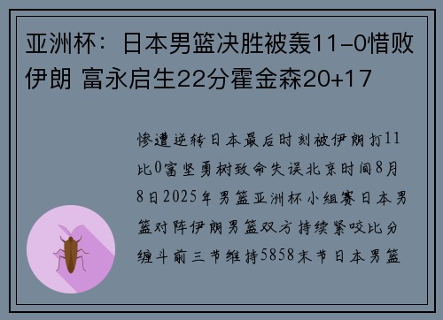 亚洲杯：日本男篮决胜被轰11-0惜败伊朗 富永启生22分霍金森20+17
